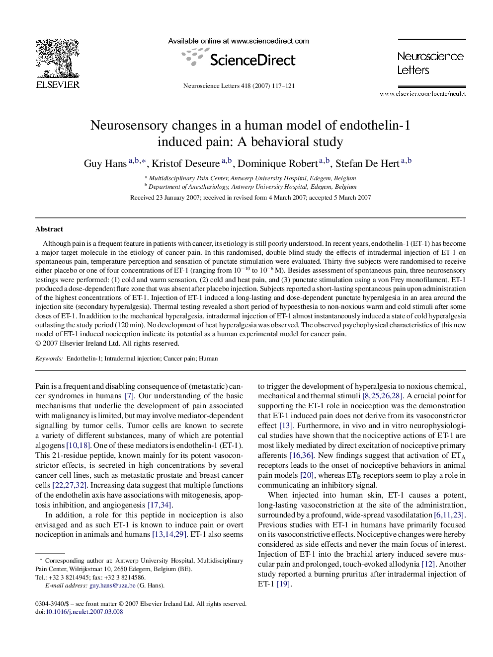 Neurosensory changes in a human model of endothelin-1 induced pain: A behavioral study