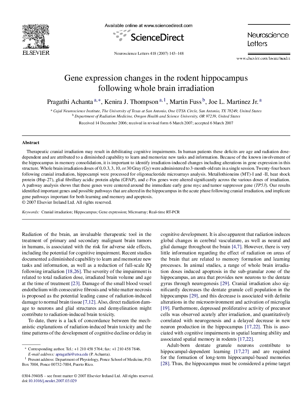 Gene expression changes in the rodent hippocampus following whole brain irradiation