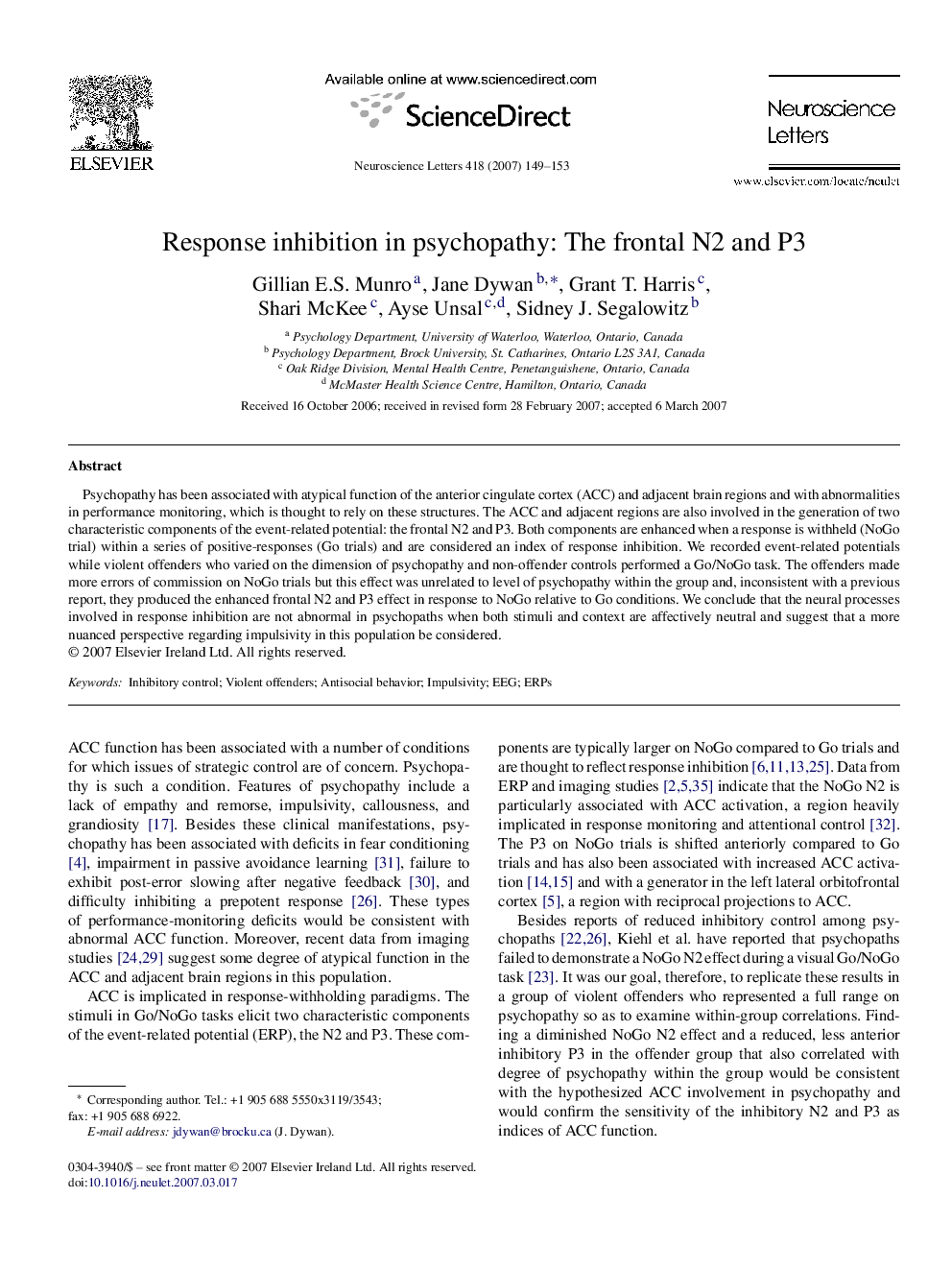 Response inhibition in psychopathy: The frontal N2 and P3