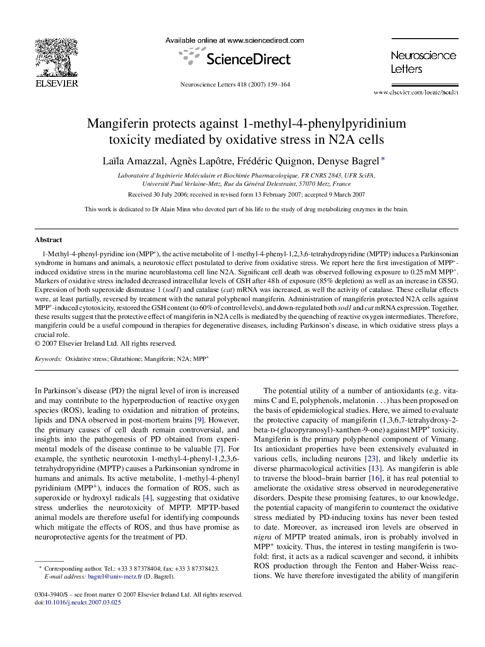 Mangiferin protects against 1-methyl-4-phenylpyridinium toxicity mediated by oxidative stress in N2A cells