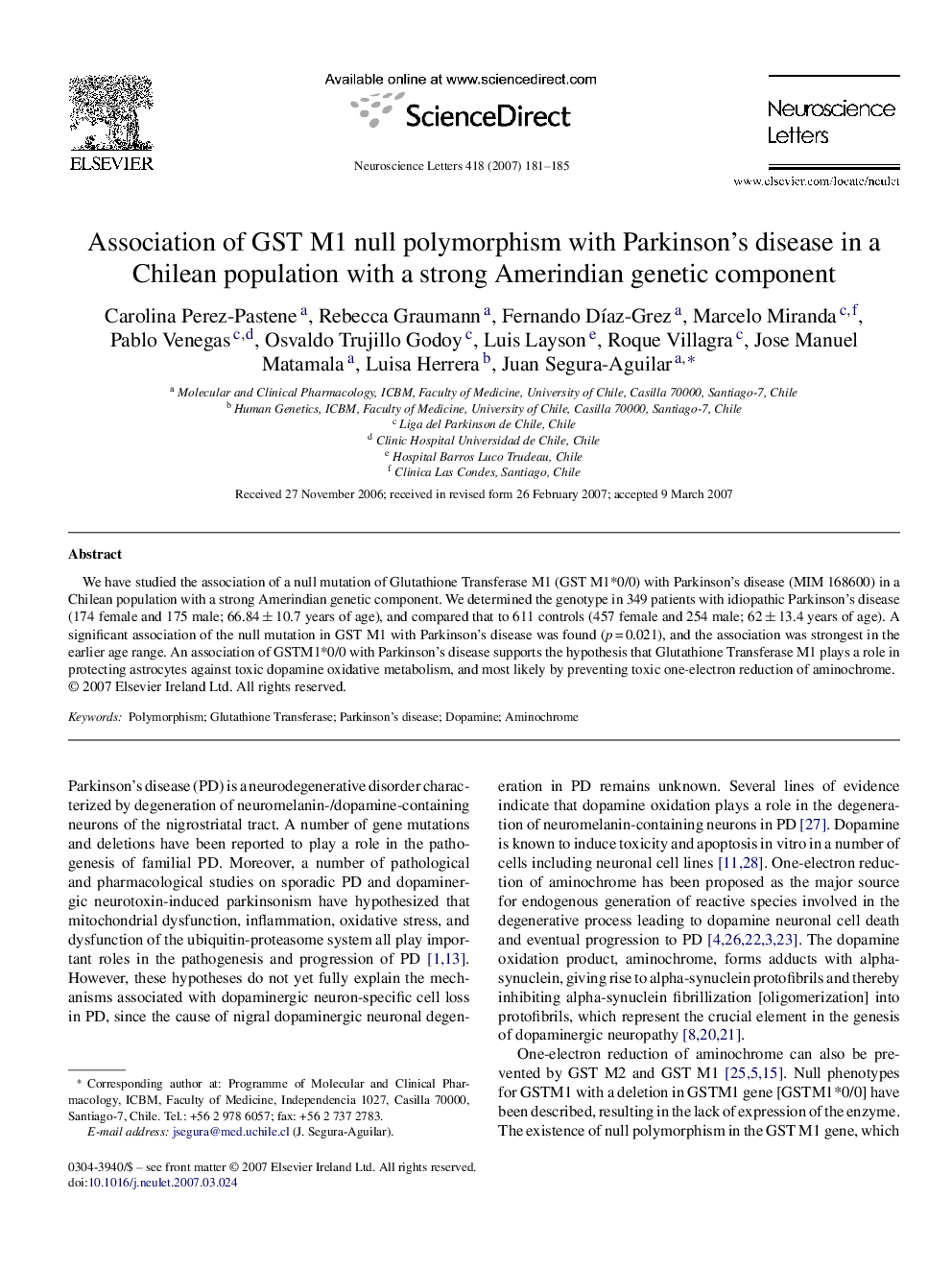 Association of GST M1 null polymorphism with Parkinson's disease in a Chilean population with a strong Amerindian genetic component