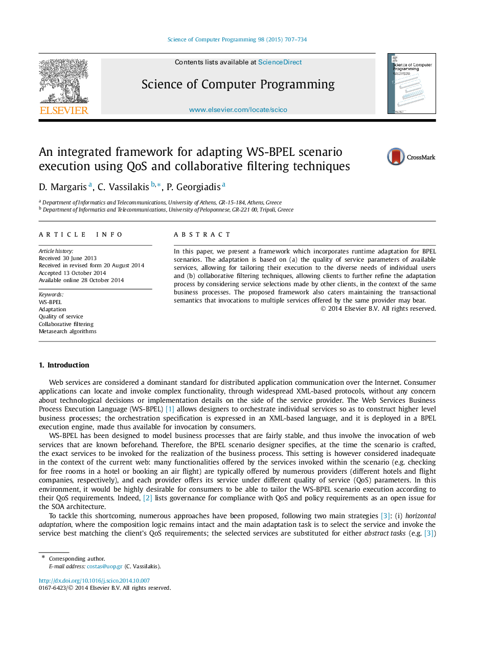 An integrated framework for adapting WS-BPEL scenario execution using QoS and collaborative filtering techniques