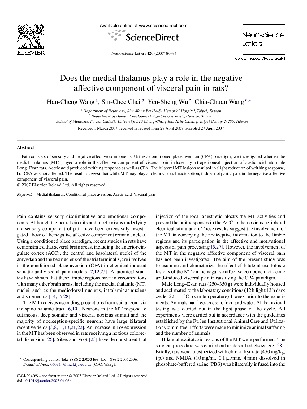 Does the medial thalamus play a role in the negative affective component of visceral pain in rats?