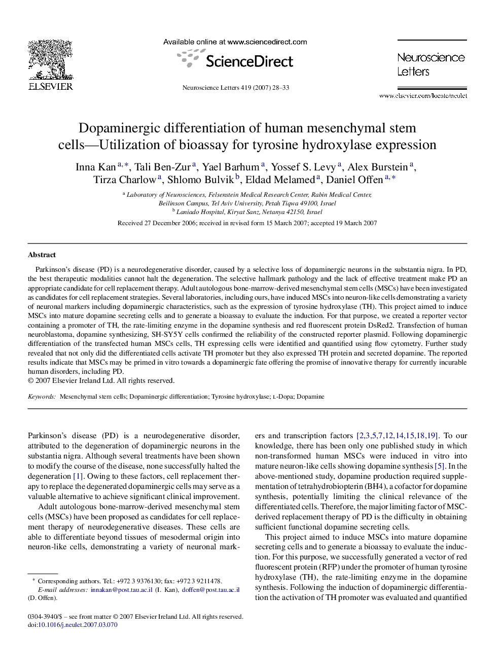 Dopaminergic differentiation of human mesenchymal stem cells—Utilization of bioassay for tyrosine hydroxylase expression