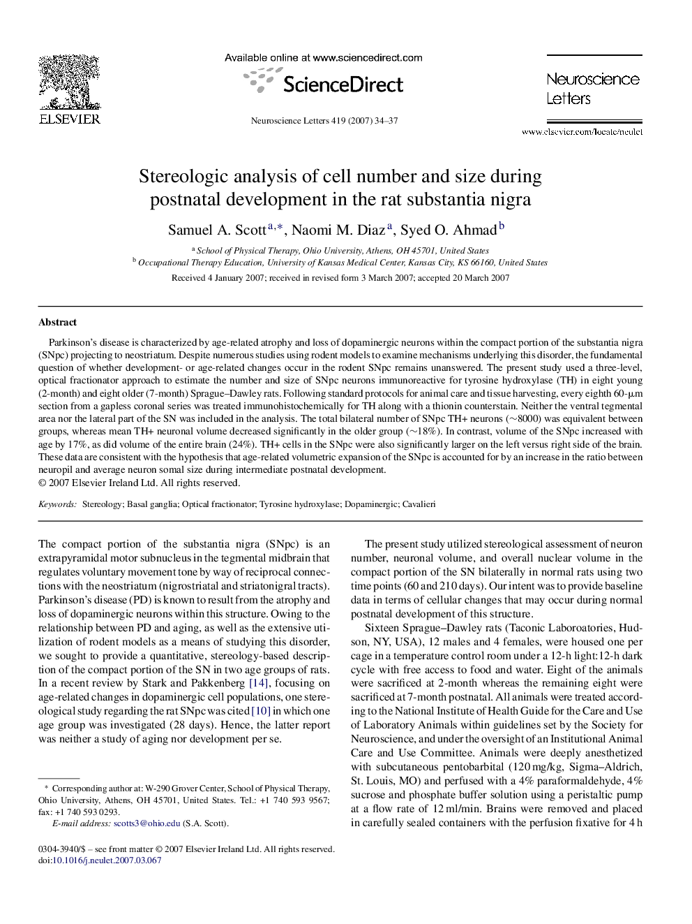 Stereologic analysis of cell number and size during postnatal development in the rat substantia nigra