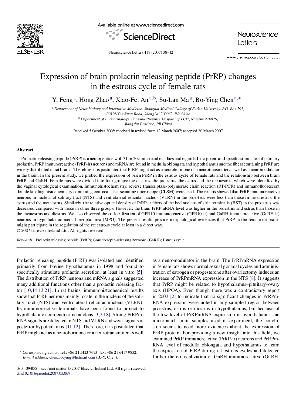 Expression of brain prolactin releasing peptide (PrRP) changes in the estrous cycle of female rats