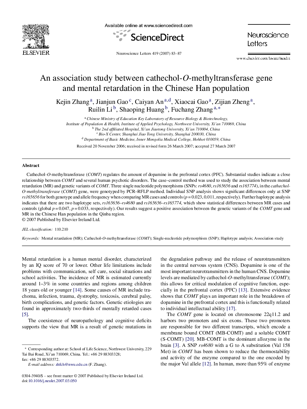 An association study between cathechol-O-methyltransferase gene and mental retardation in the Chinese Han population