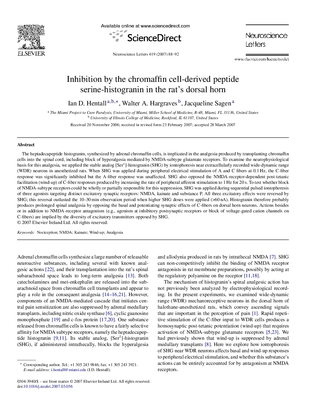 Inhibition by the chromaffin cell-derived peptide serine-histogranin in the rat's dorsal horn