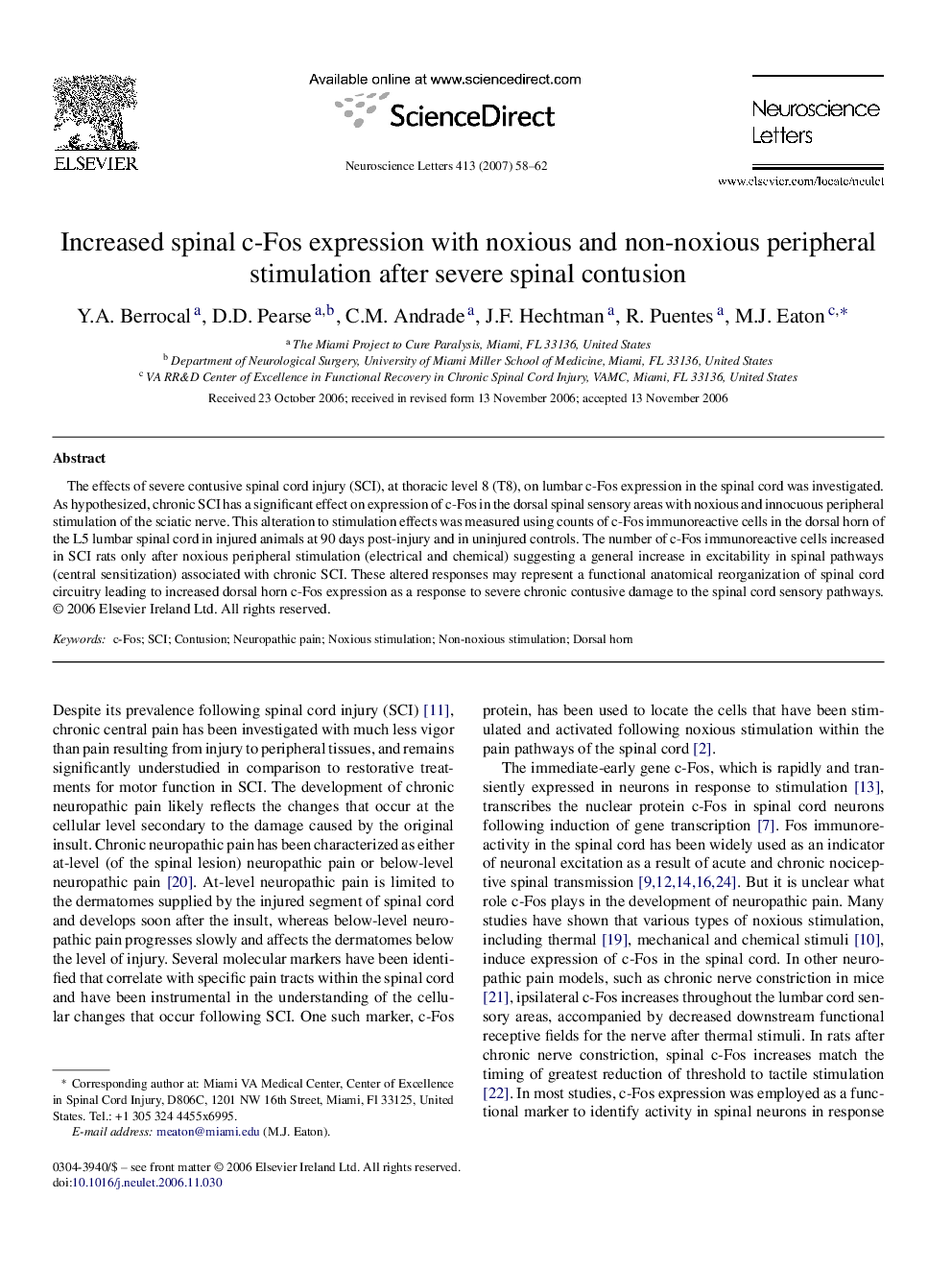 Increased spinal c-Fos expression with noxious and non-noxious peripheral stimulation after severe spinal contusion