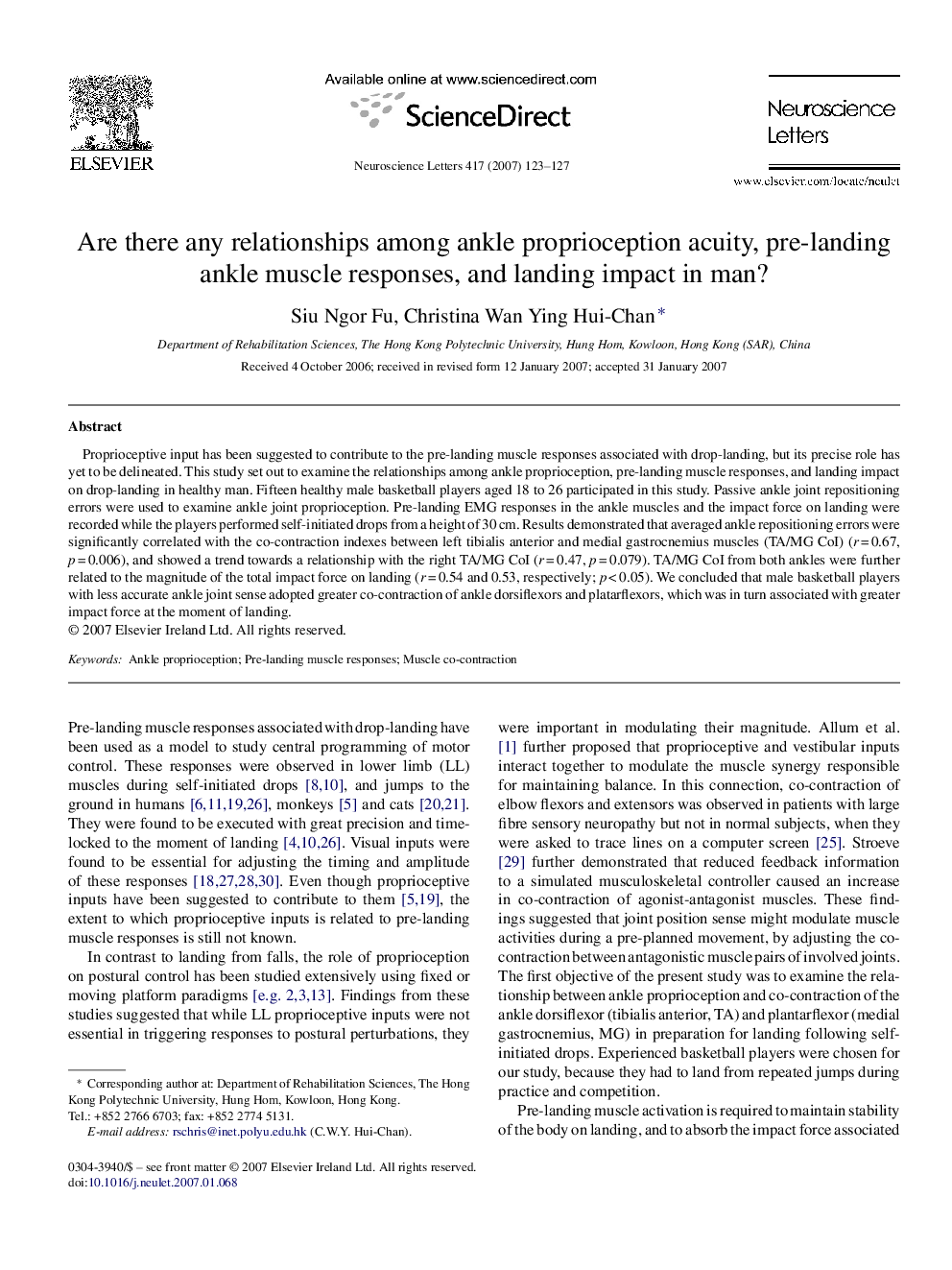 Are there any relationships among ankle proprioception acuity, pre-landing ankle muscle responses, and landing impact in man?