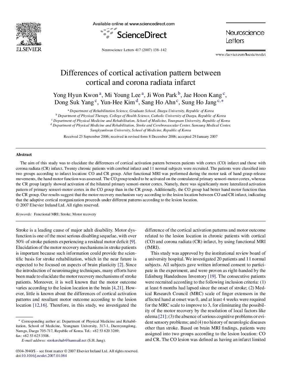 Differences of cortical activation pattern between cortical and corona radiata infarct