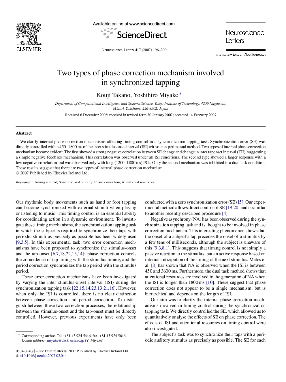 Two types of phase correction mechanism involved in synchronized tapping