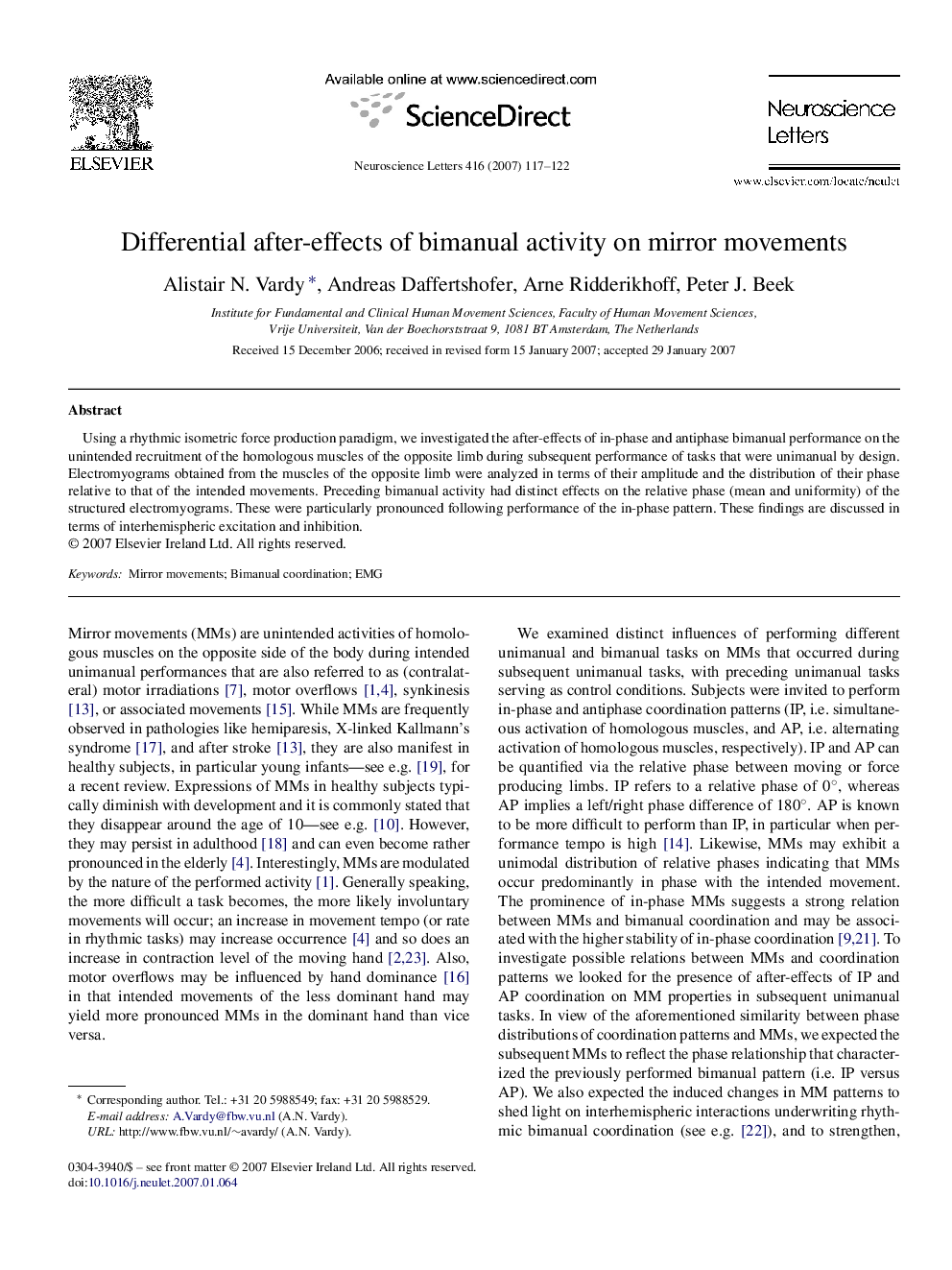 Differential after-effects of bimanual activity on mirror movements