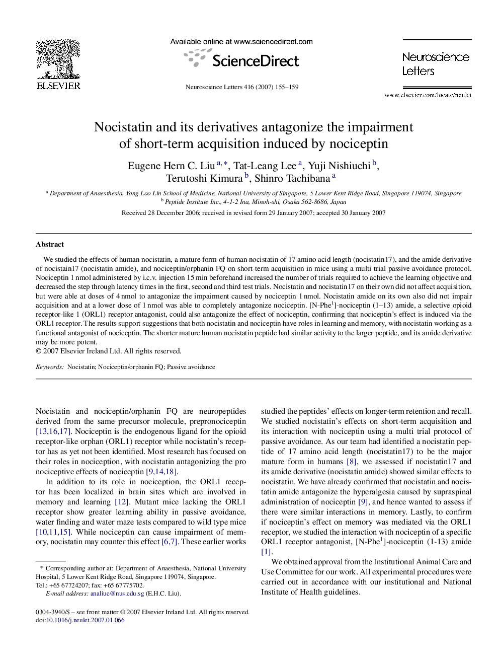 Nocistatin and its derivatives antagonize the impairment of short-term acquisition induced by nociceptin