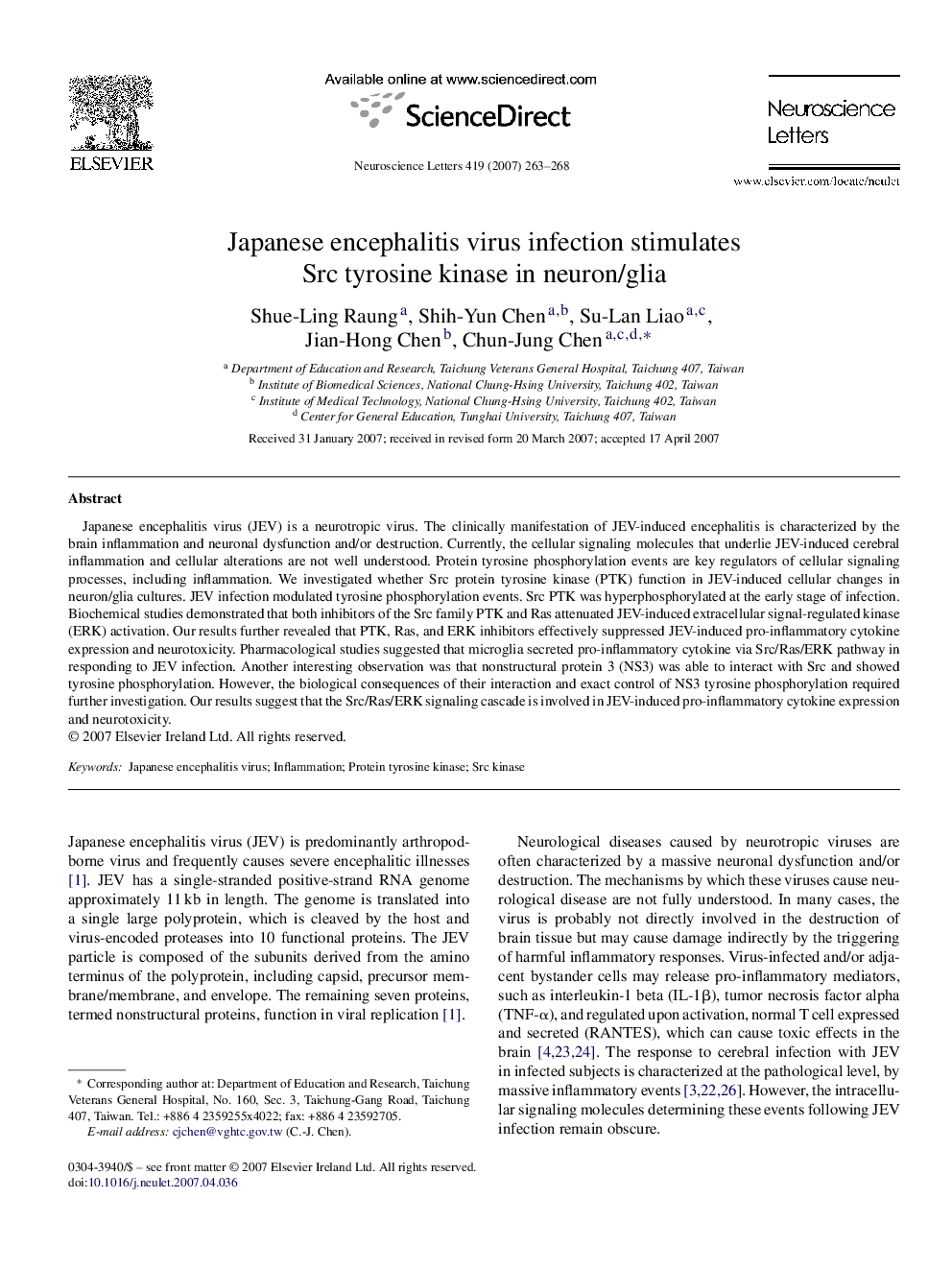 Japanese encephalitis virus infection stimulates Src tyrosine kinase in neuron/glia