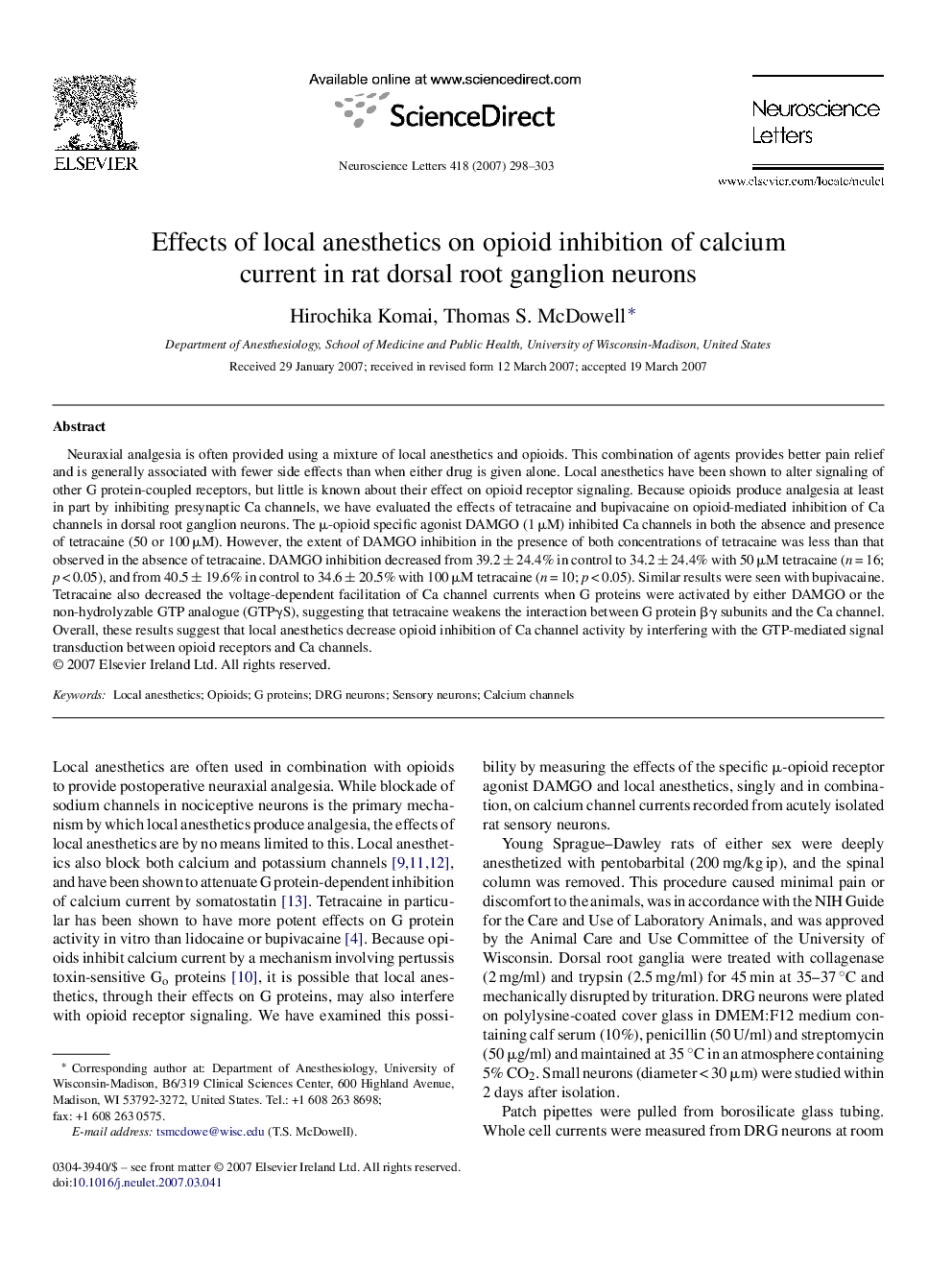 Effects of local anesthetics on opioid inhibition of calcium current in rat dorsal root ganglion neurons