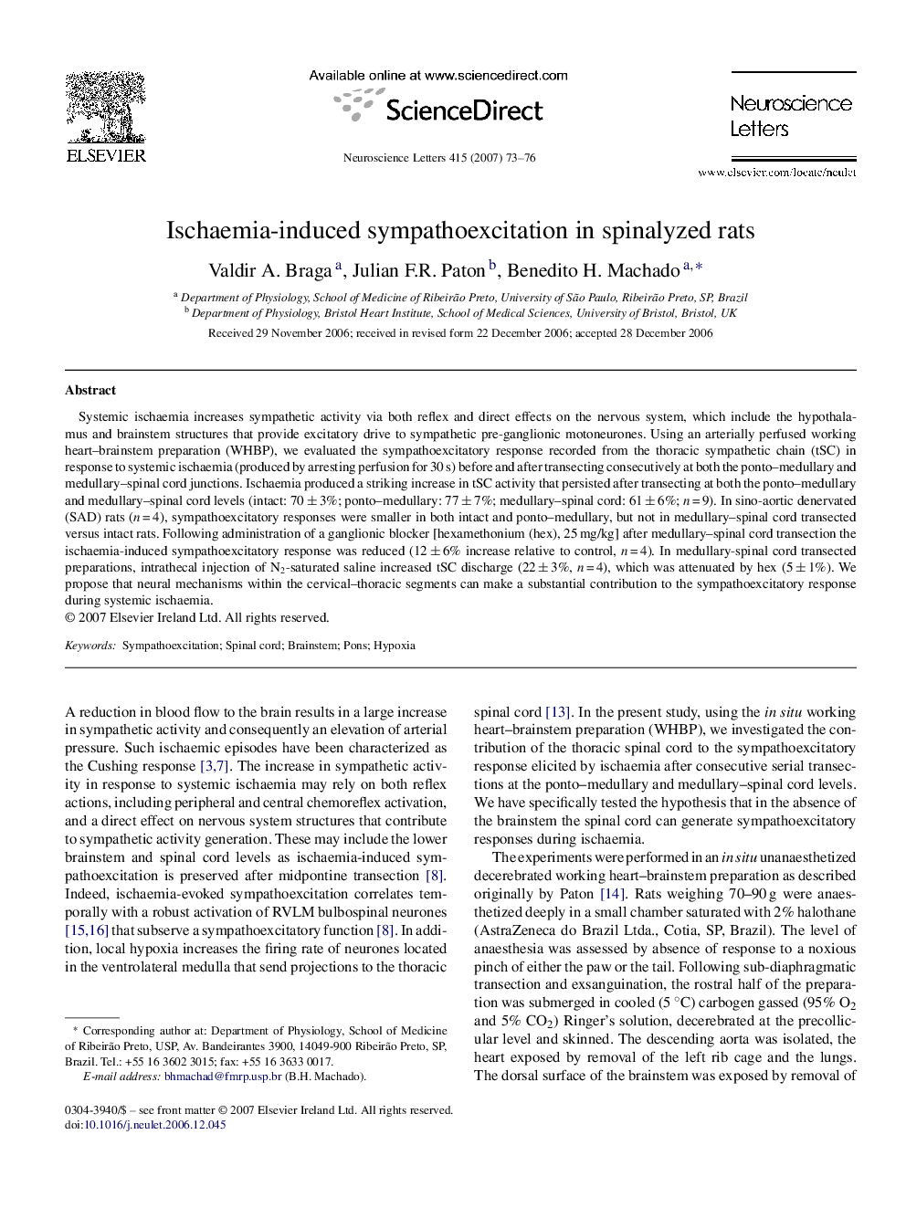 Ischaemia-induced sympathoexcitation in spinalyzed rats