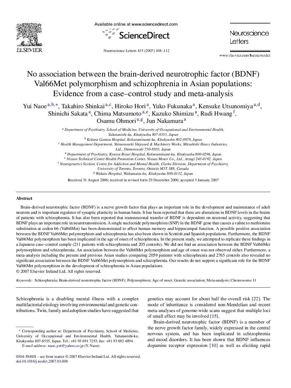 No association between the brain-derived neurotrophic factor (BDNF) Val66Met polymorphism and schizophrenia in Asian populations: Evidence from a case–control study and meta-analysis