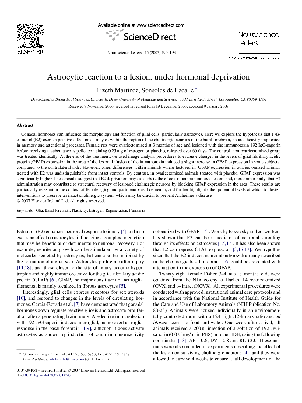 Astrocytic reaction to a lesion, under hormonal deprivation