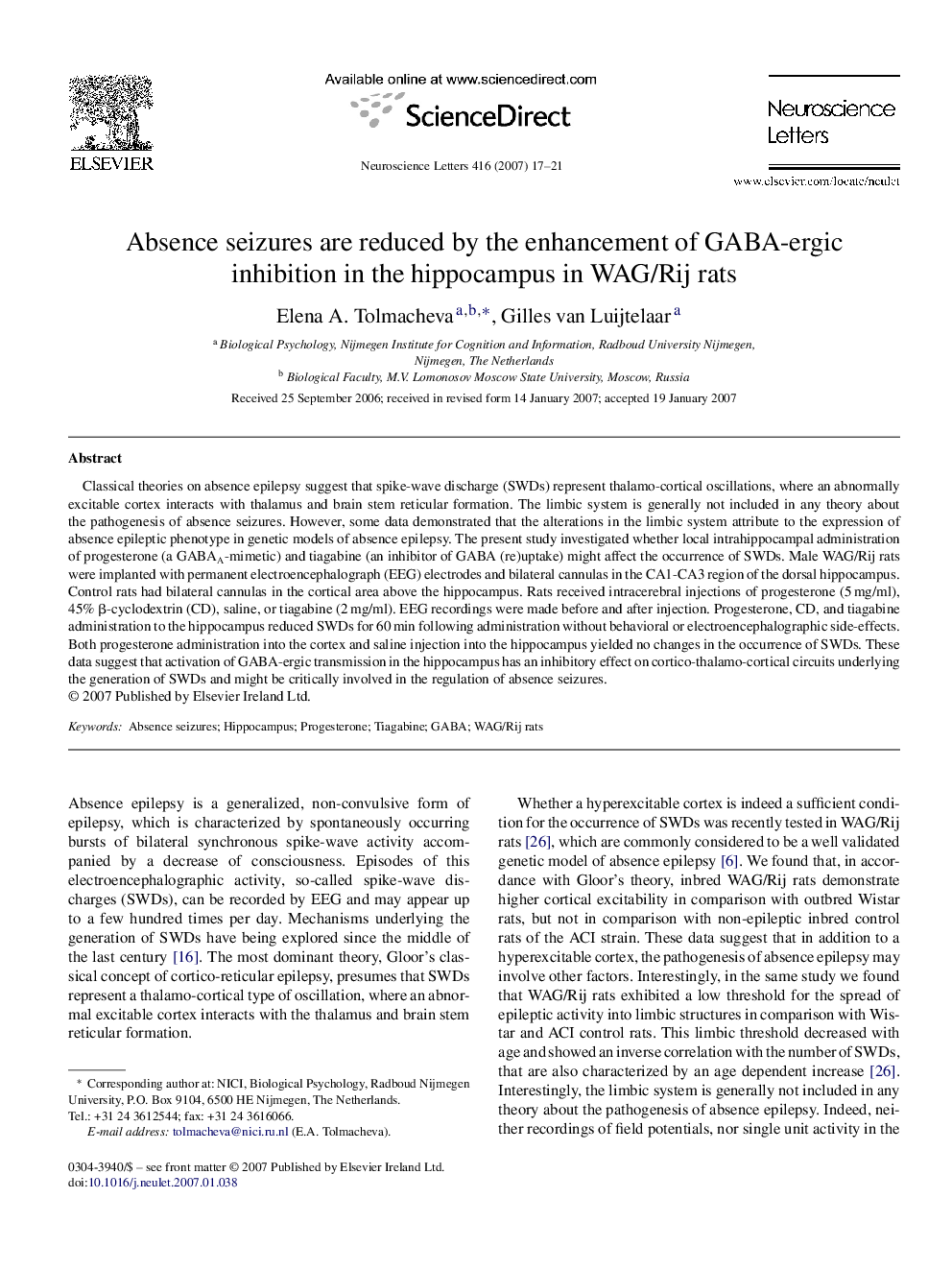 Absence seizures are reduced by the enhancement of GABA-ergic inhibition in the hippocampus in WAG/Rij rats