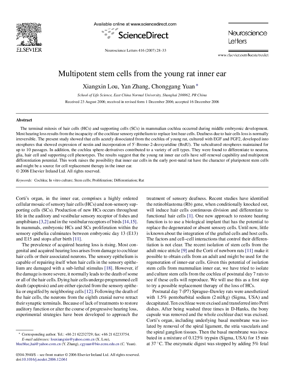 Multipotent stem cells from the young rat inner ear