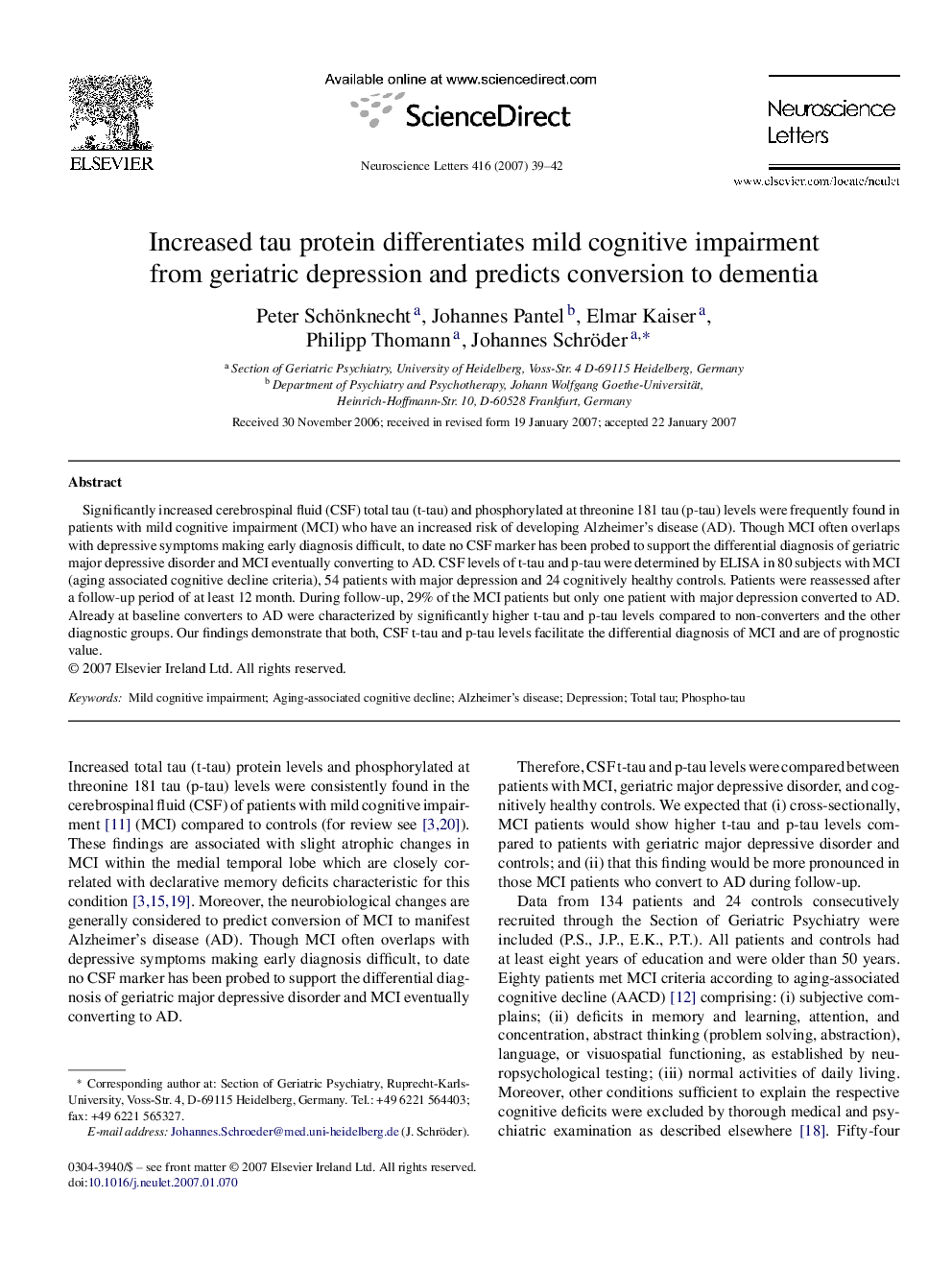 Increased tau protein differentiates mild cognitive impairment from geriatric depression and predicts conversion to dementia