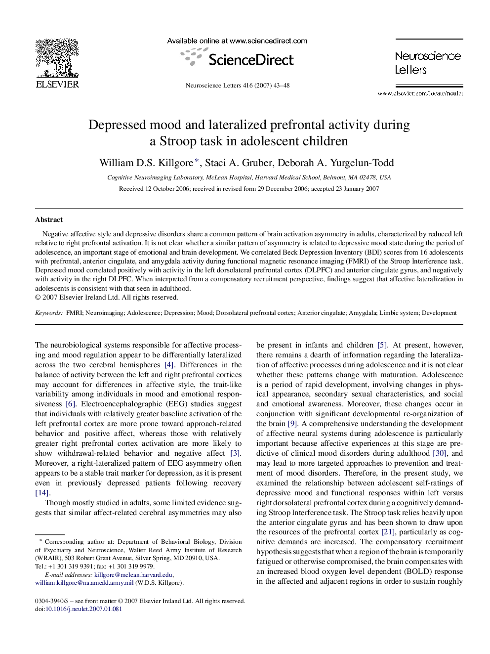 Depressed mood and lateralized prefrontal activity during a Stroop task in adolescent children