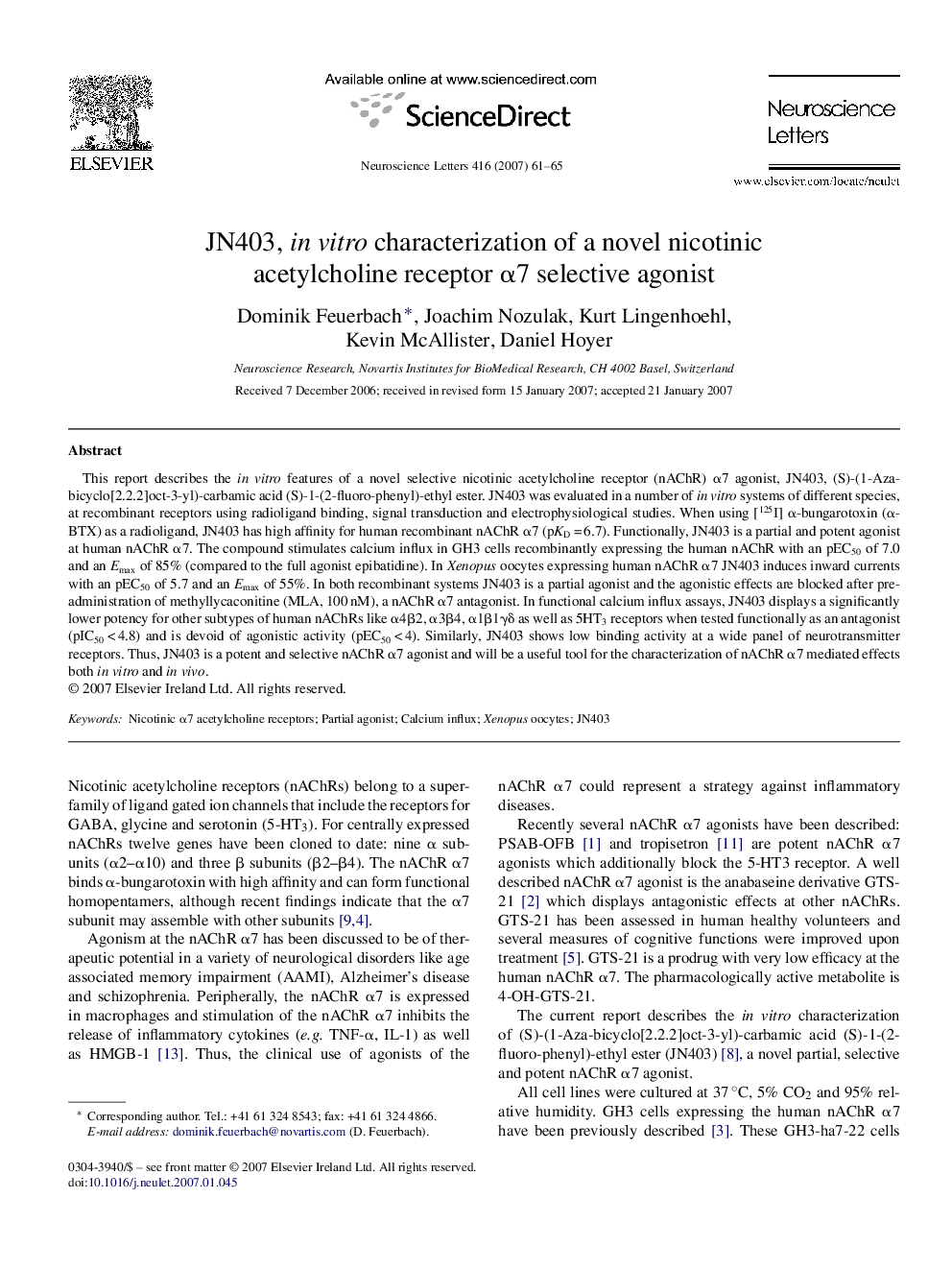 JN403, in vitro characterization of a novel nicotinic acetylcholine receptor α7 selective agonist