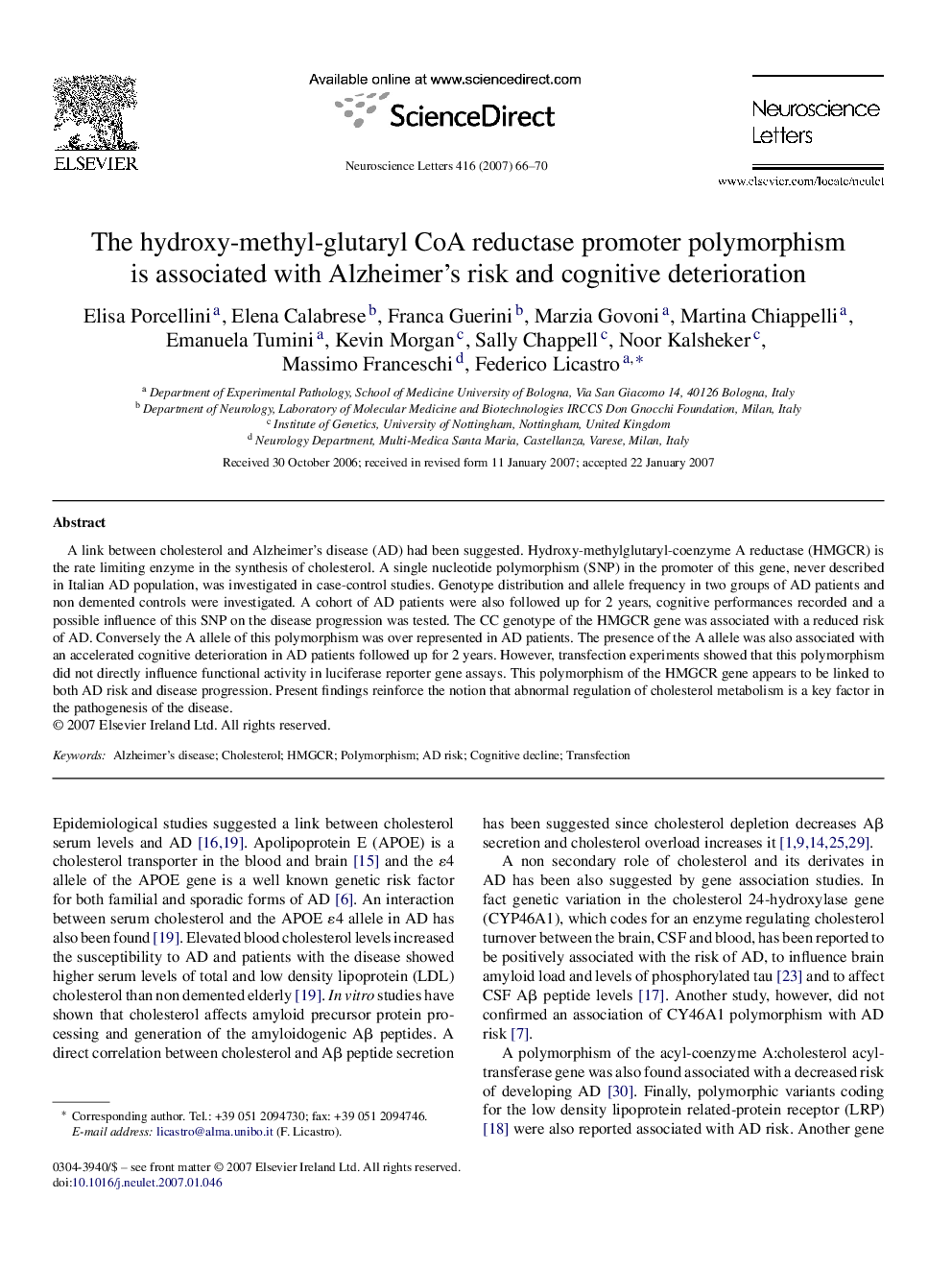 The hydroxy-methyl-glutaryl CoA reductase promoter polymorphism is associated with Alzheimer's risk and cognitive deterioration