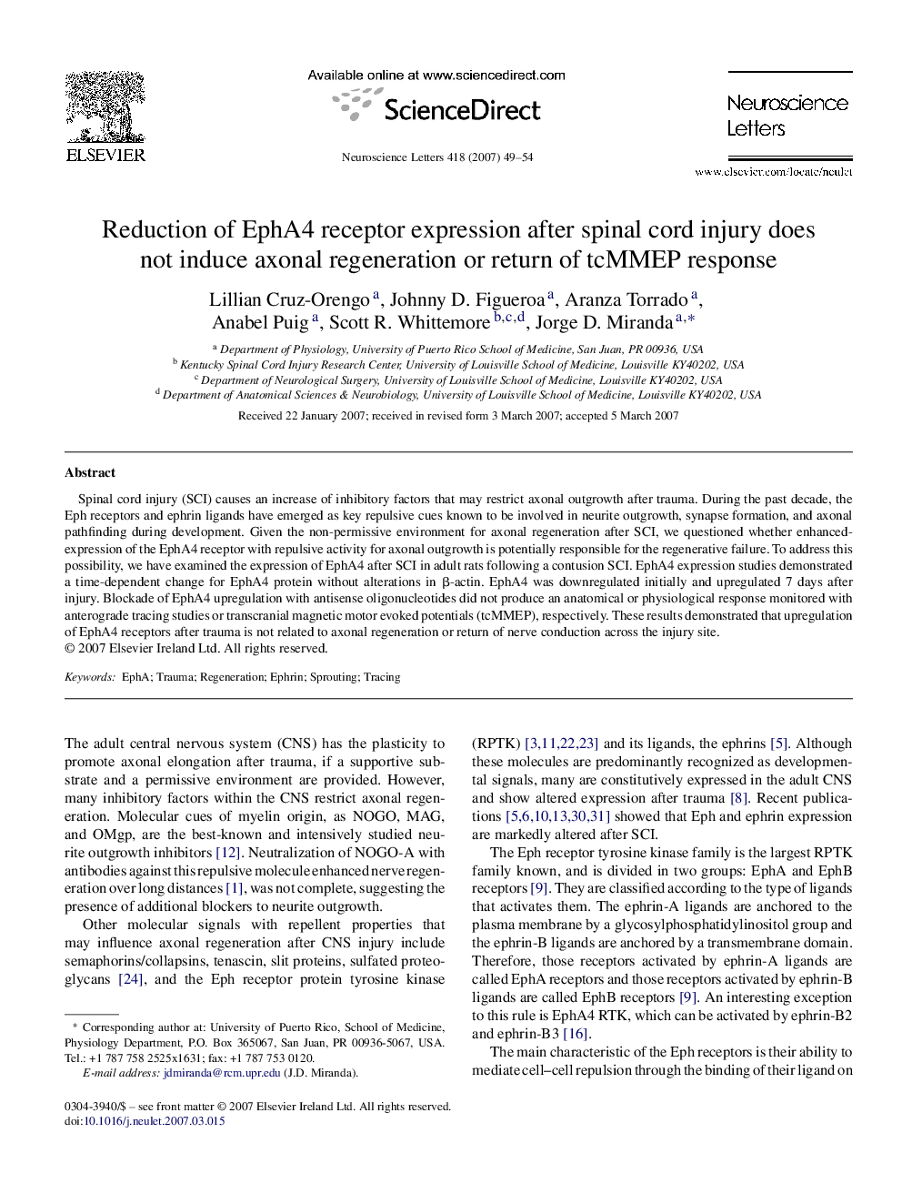 Reduction of EphA4 receptor expression after spinal cord injury does not induce axonal regeneration or return of tcMMEP response