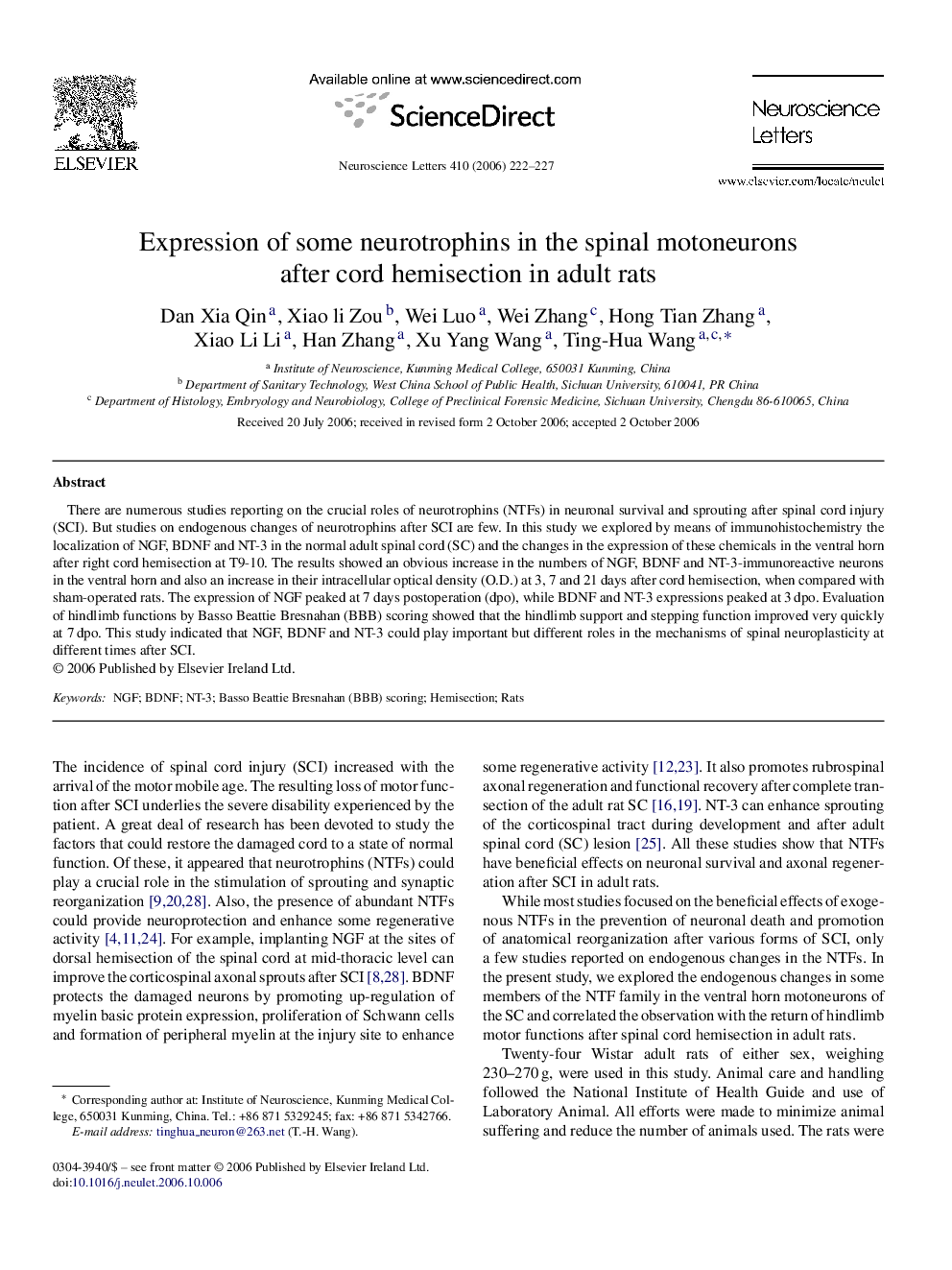 Expression of some neurotrophins in the spinal motoneurons after cord hemisection in adult rats