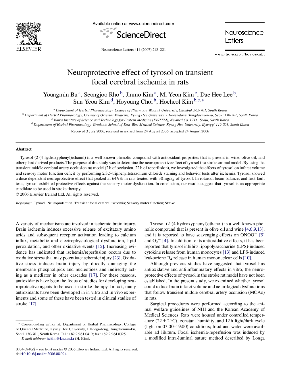 Neuroprotective effect of tyrosol on transient focal cerebral ischemia in rats