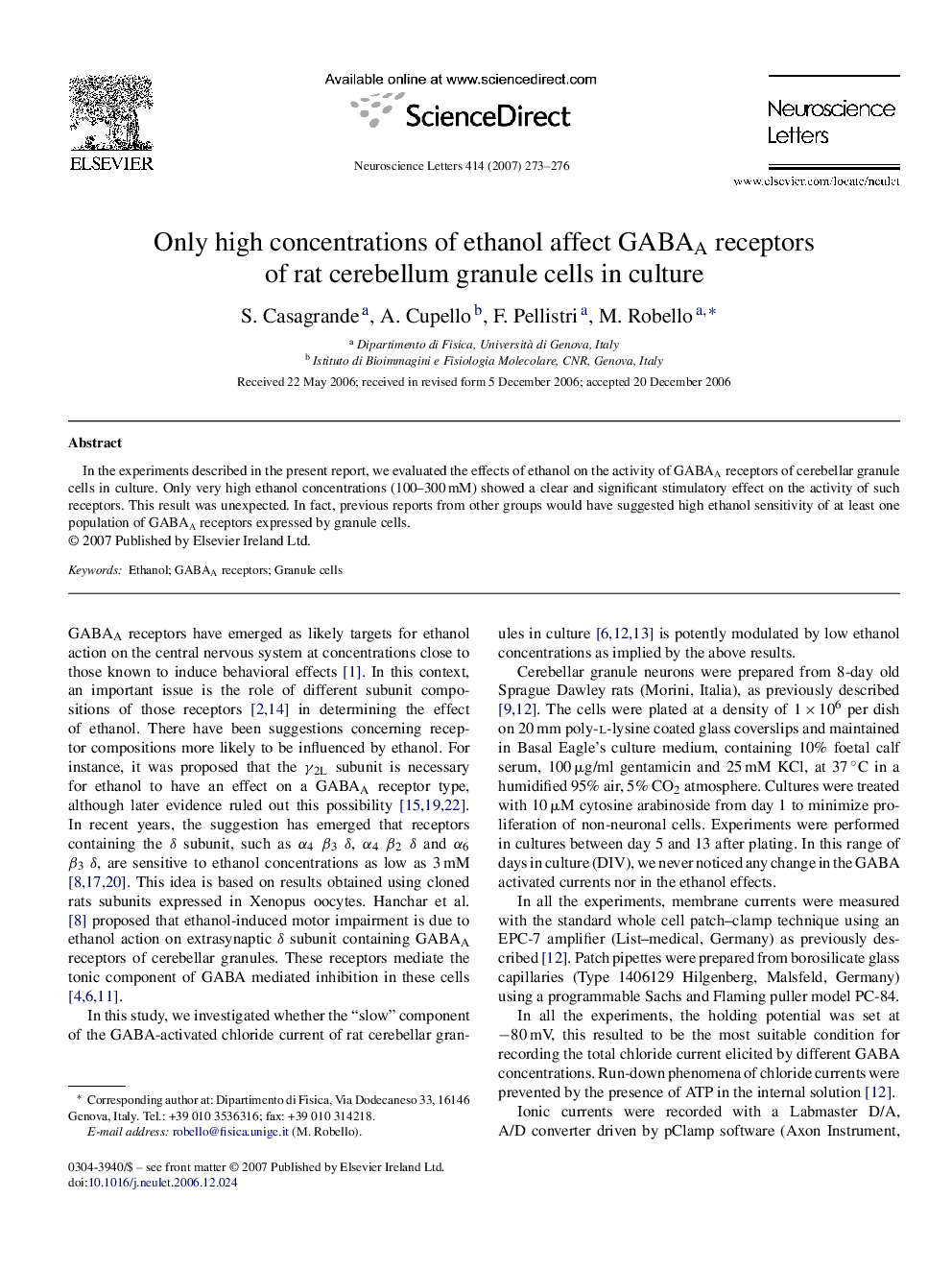 Only high concentrations of ethanol affect GABAA receptors of rat cerebellum granule cells in culture