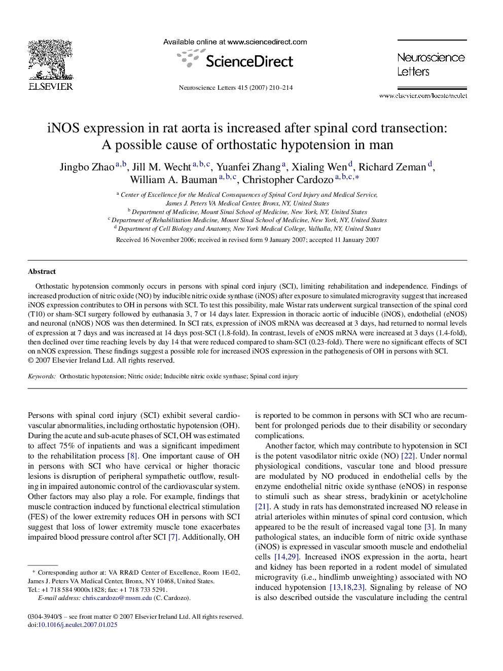 iNOS expression in rat aorta is increased after spinal cord transection: A possible cause of orthostatic hypotension in man