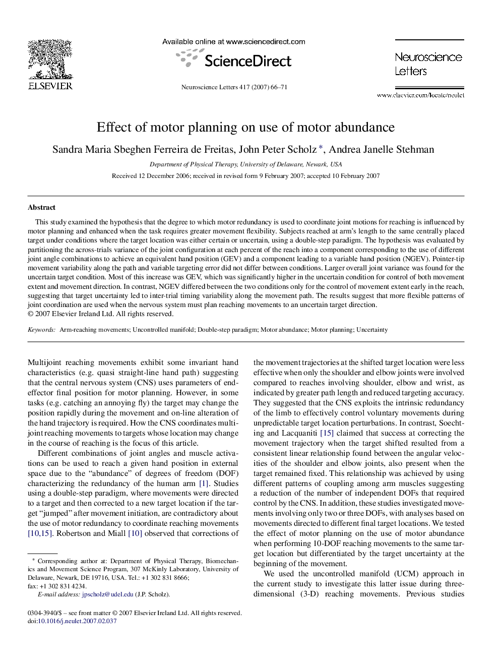 Effect of motor planning on use of motor abundance