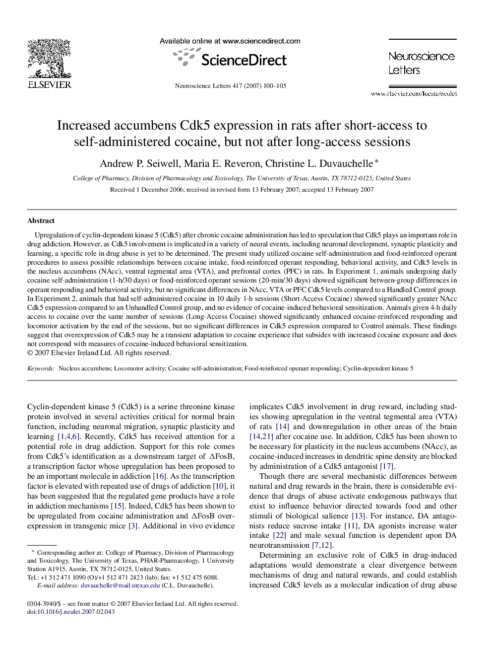 Increased accumbens Cdk5 expression in rats after short-access to self-administered cocaine, but not after long-access sessions