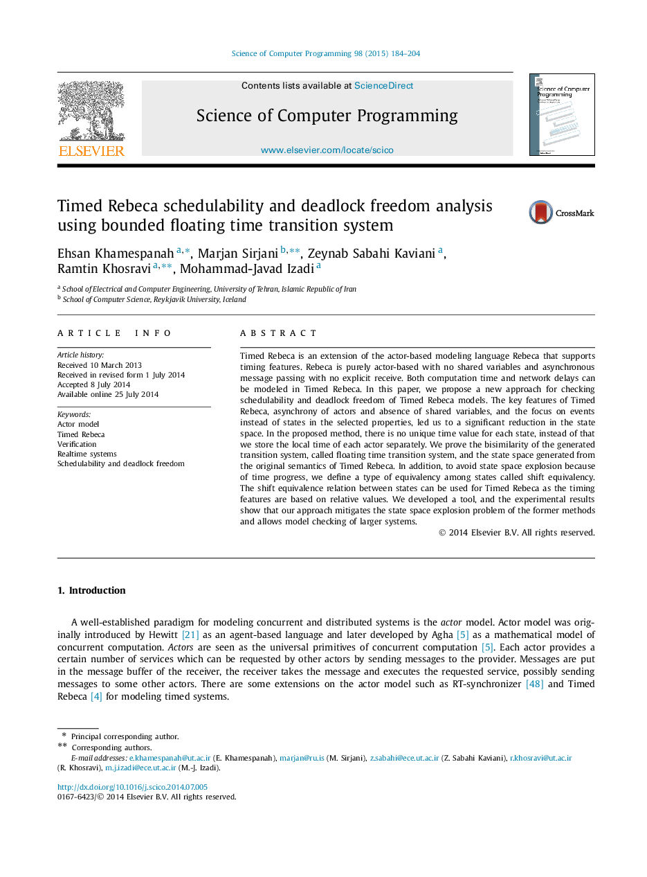 Timed Rebeca schedulability and deadlock freedom analysis using bounded floating time transition system