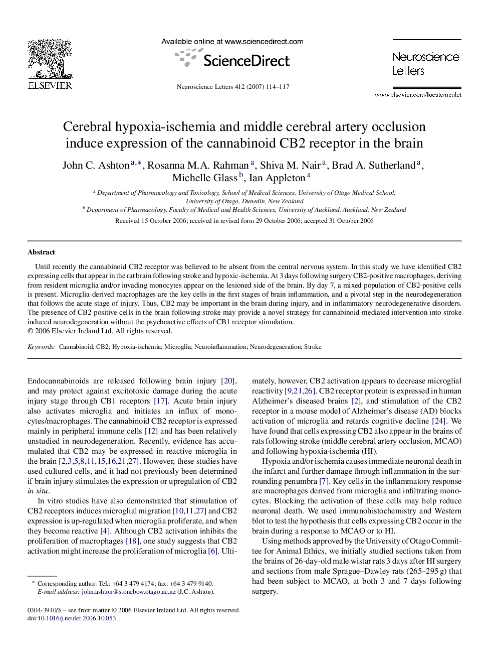 Cerebral hypoxia-ischemia and middle cerebral artery occlusion induce expression of the cannabinoid CB2 receptor in the brain