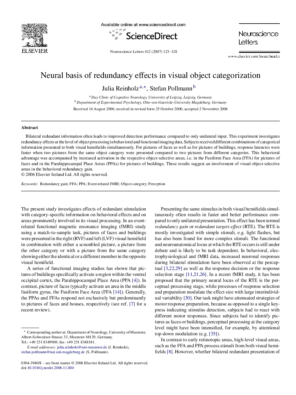 Neural basis of redundancy effects in visual object categorization