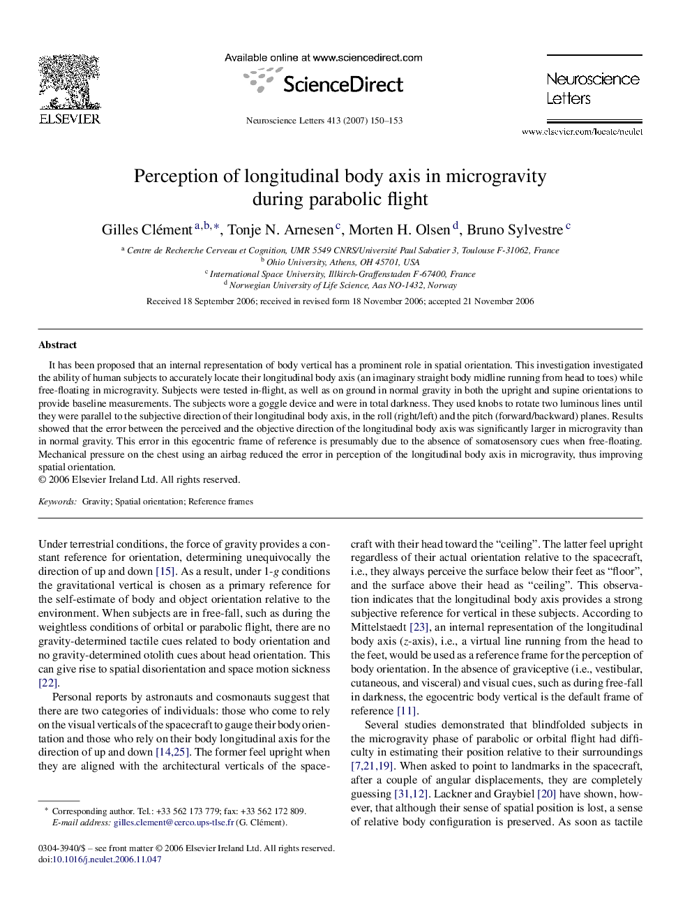 Perception of longitudinal body axis in microgravity during parabolic flight