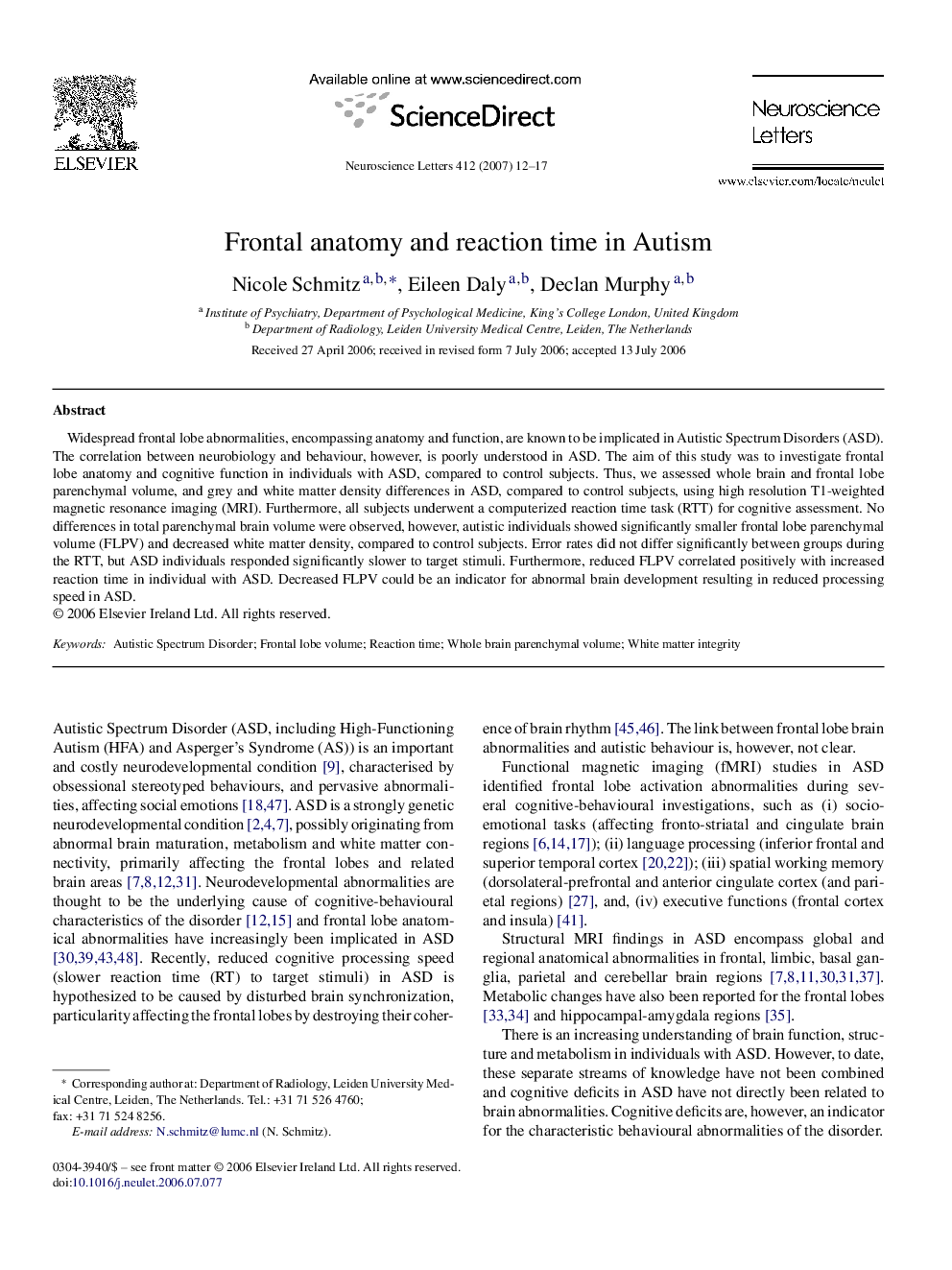 Frontal anatomy and reaction time in Autism