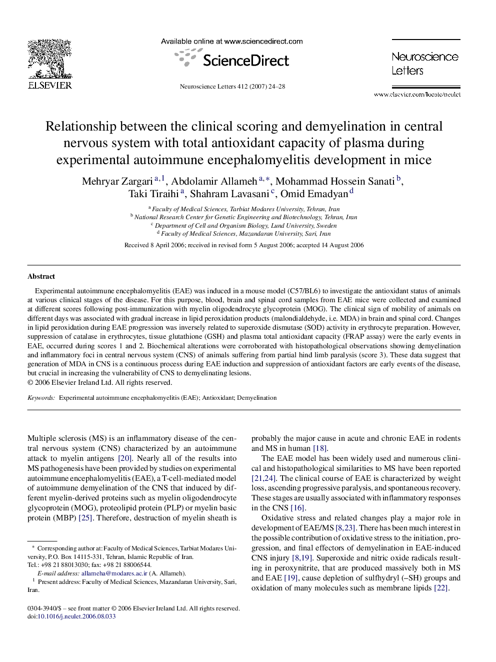 Relationship between the clinical scoring and demyelination in central nervous system with total antioxidant capacity of plasma during experimental autoimmune encephalomyelitis development in mice