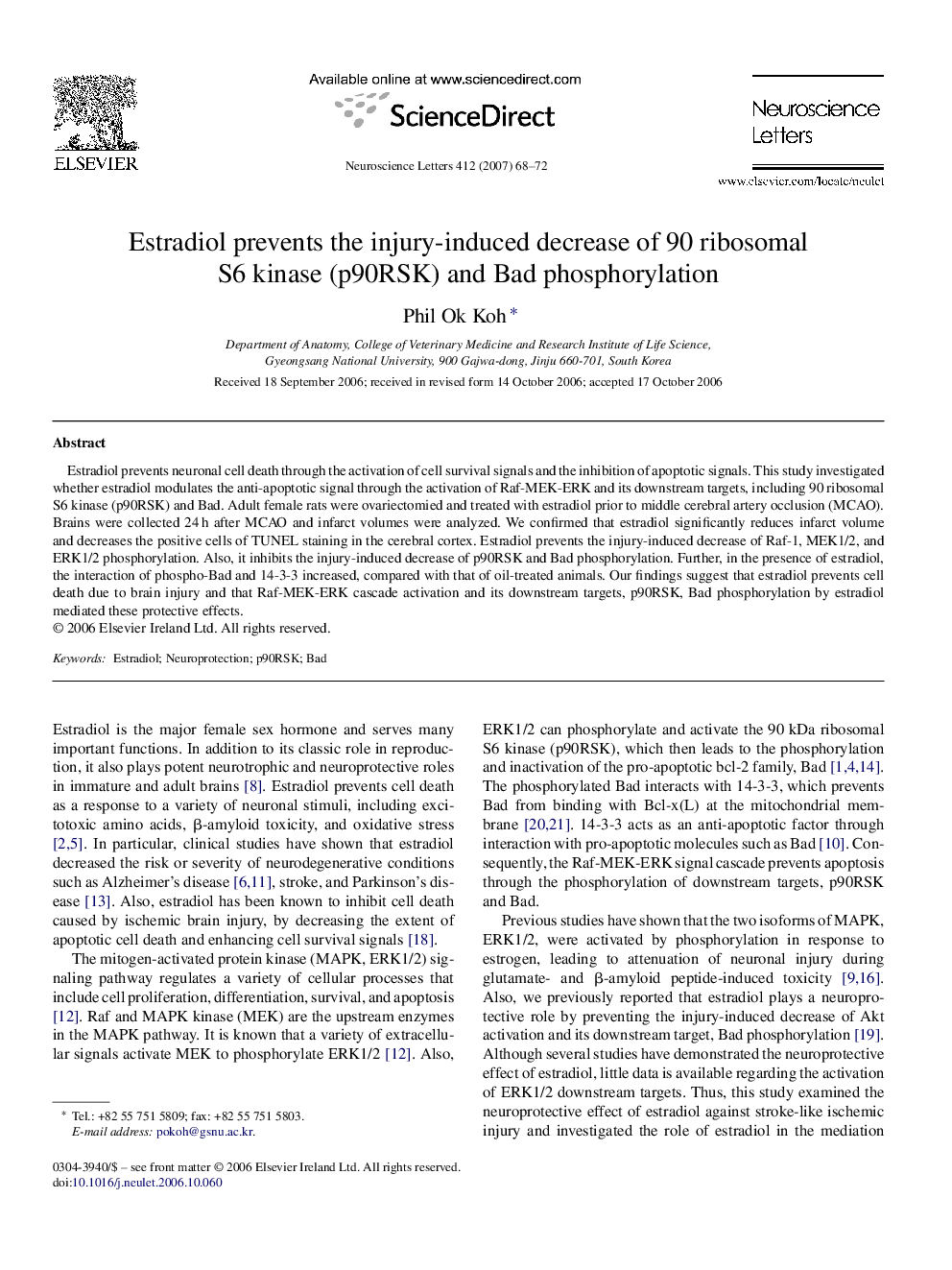 Estradiol prevents the injury-induced decrease of 90 ribosomal S6 kinase (p90RSK) and Bad phosphorylation