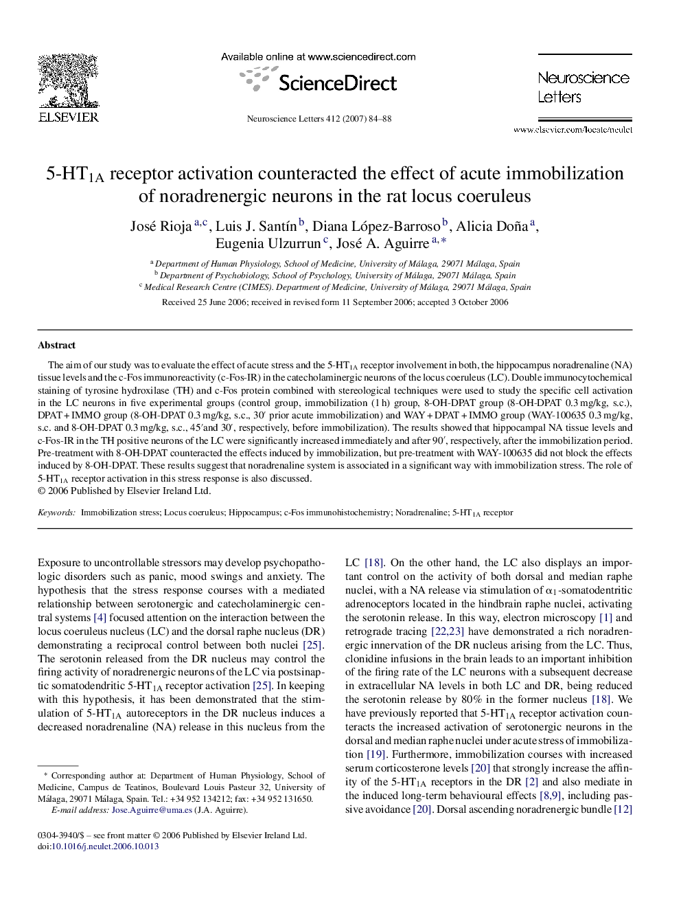 5-HT1A receptor activation counteracted the effect of acute immobilization of noradrenergic neurons in the rat locus coeruleus