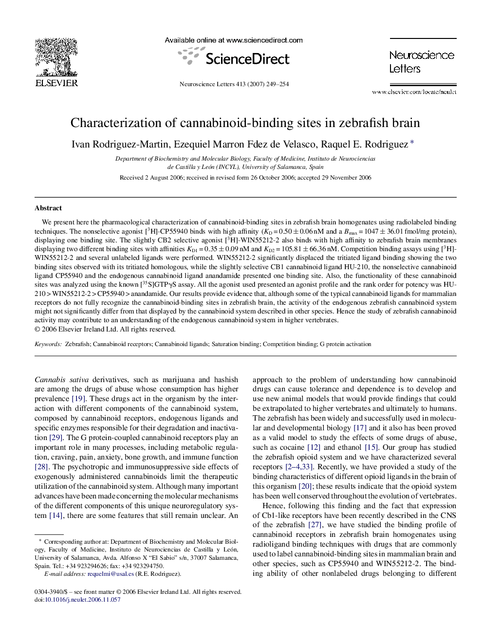 Characterization of cannabinoid-binding sites in zebrafish brain