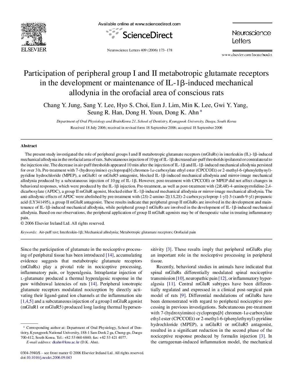 Participation of peripheral group I and II metabotropic glutamate receptors in the development or maintenance of IL-1β-induced mechanical allodynia in the orofacial area of conscious rats