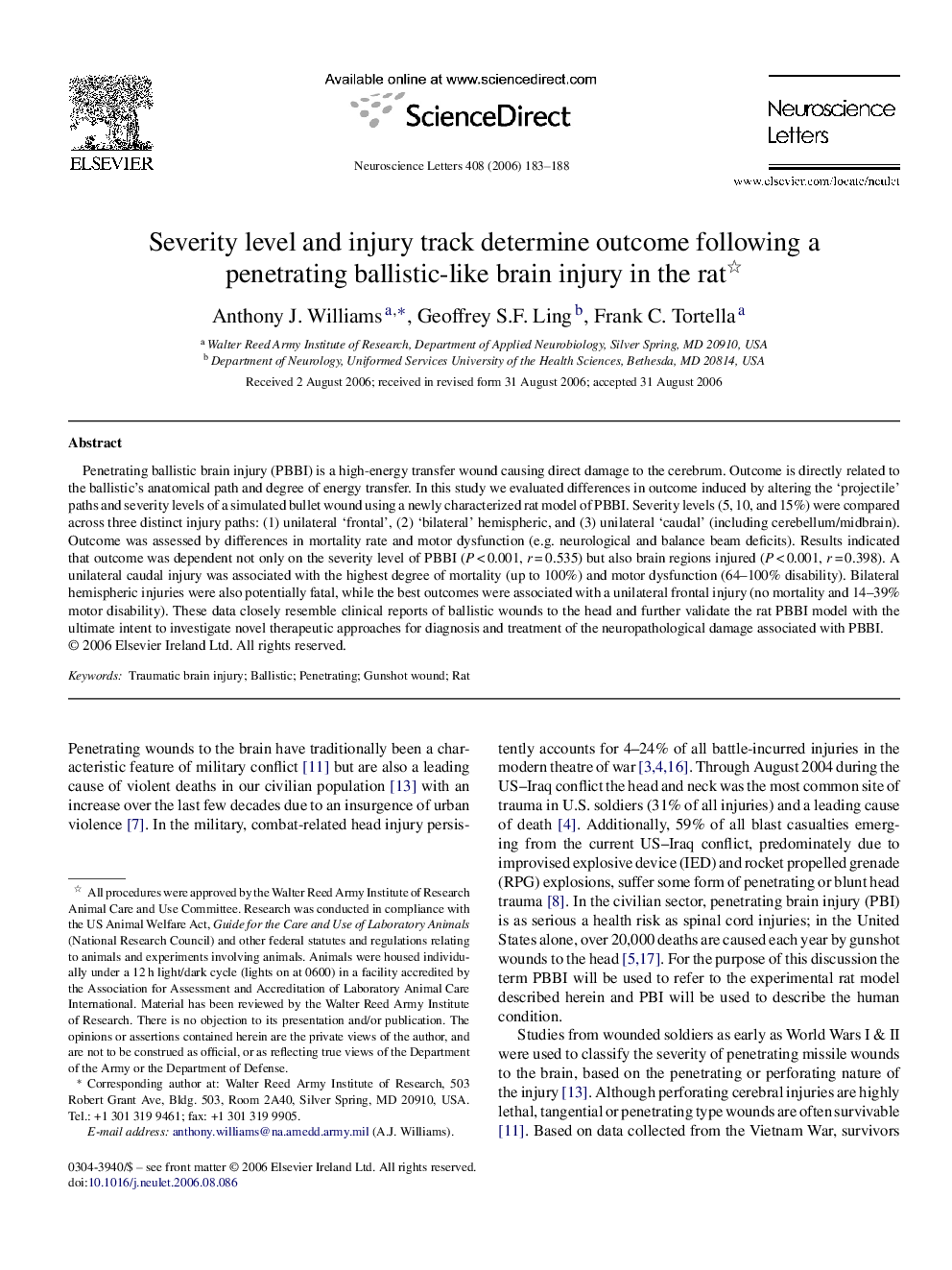 Severity level and injury track determine outcome following a penetrating ballistic-like brain injury in the rat