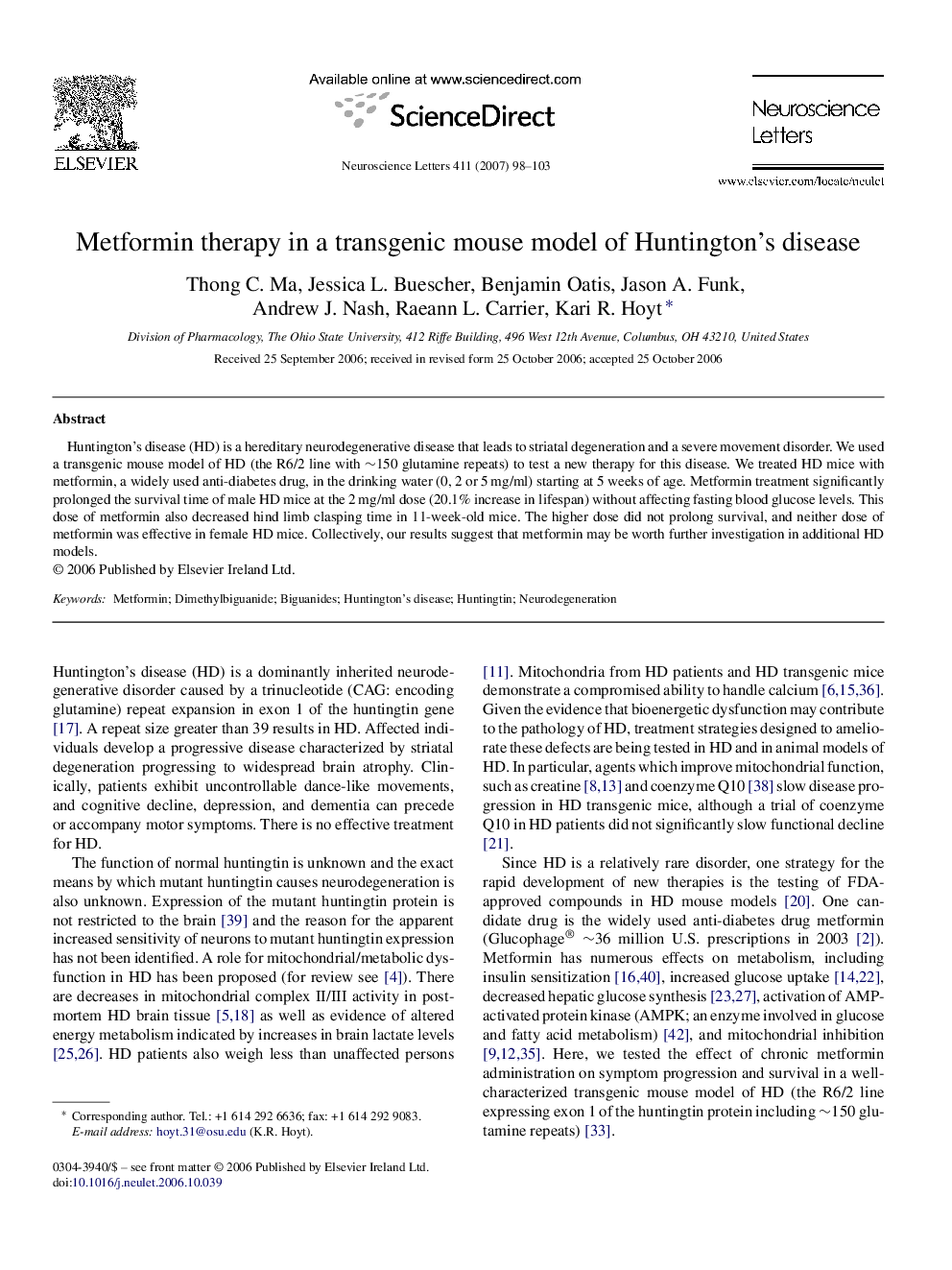 Metformin therapy in a transgenic mouse model of Huntington's disease