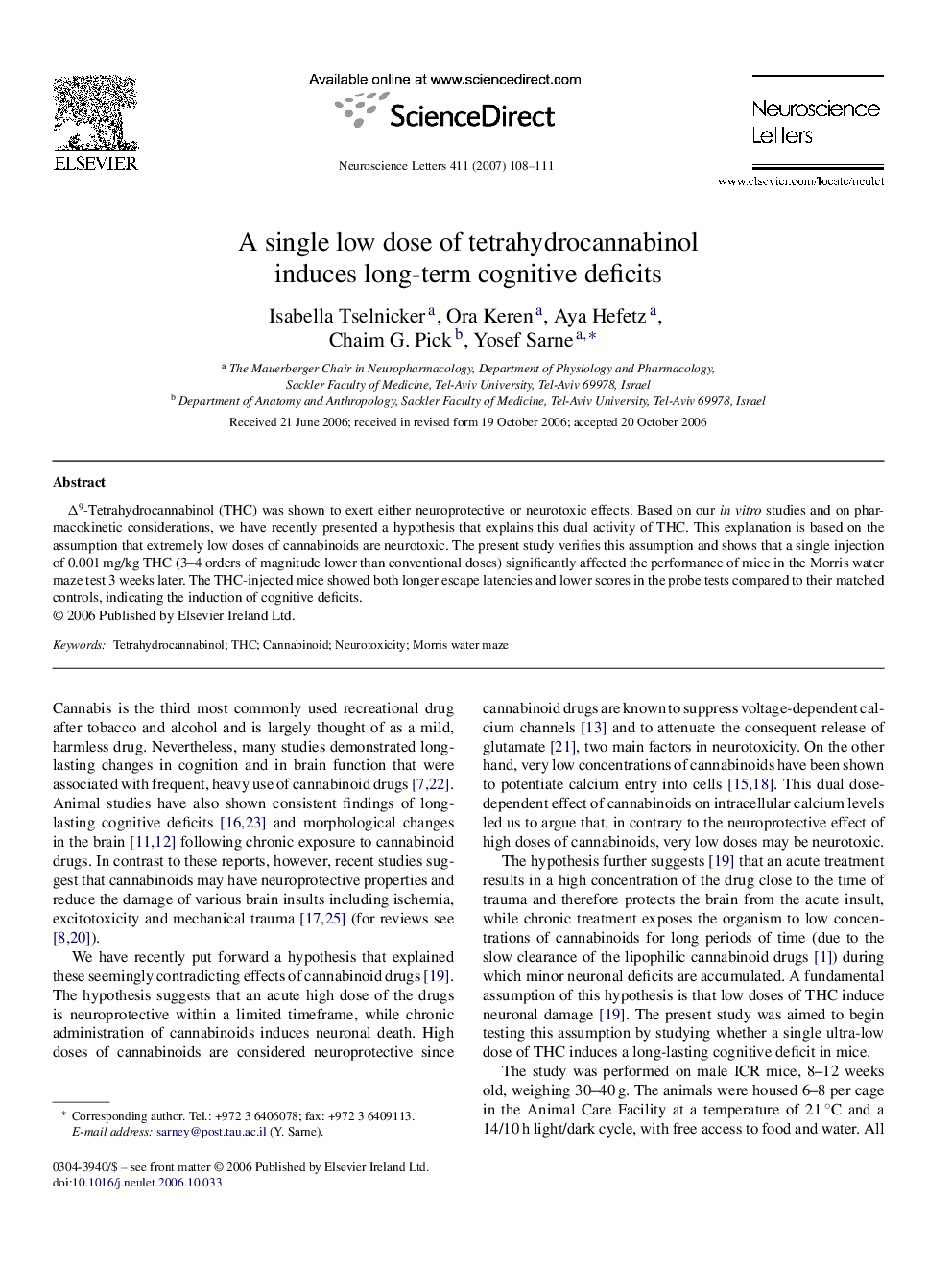 A single low dose of tetrahydrocannabinol induces long-term cognitive deficits