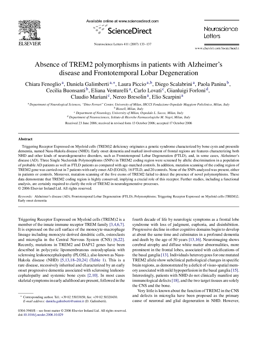 Absence of TREM2 polymorphisms in patients with Alzheimer's disease and Frontotemporal Lobar Degeneration